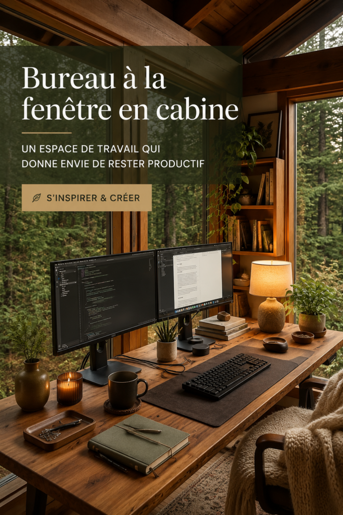 Bureau aménagé près d'une fenêtre de cabane avec une vue sur la nature