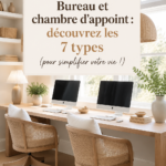 Aménagement d'un bureau dans une chambre d'amis avec un lit et un bureau décoratif.
