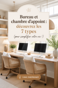 Aménagement d'un bureau dans une chambre d'amis avec un lit et un bureau décoratif.