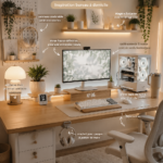 Bureau gaming cosy au design esthétique avec des couleurs pastel.