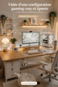 Bureau gaming cosy au design esthétique avec des couleurs pastel.