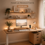 Un bureau debout bien aménagé avec un ordinateur, plantes et accessoires pour un espace de travail harmonieux.