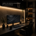Un bureau moderne décoré dans des tons sombres, alliant confort et style.