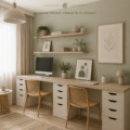 Aménagement d'un bureau à domicile pour deux personnes avec espace de travail convivial.