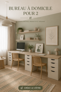 Aménagement d'un bureau à domicile pour deux personnes avec espace de travail convivial.