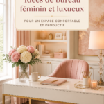 Un bureau féminin élégant avec des accessoires tendance et un éclairage chaleureux.