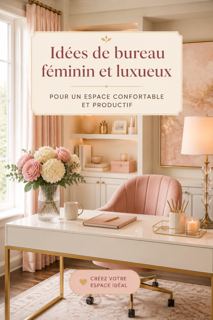 Un bureau féminin élégant avec des accessoires tendance et un éclairage chaleureux.