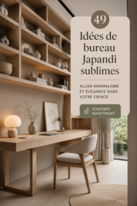 Un bureau soigneusement décoré dans un style Japandi, avec des éléments naturels et une palette de couleurs douces.