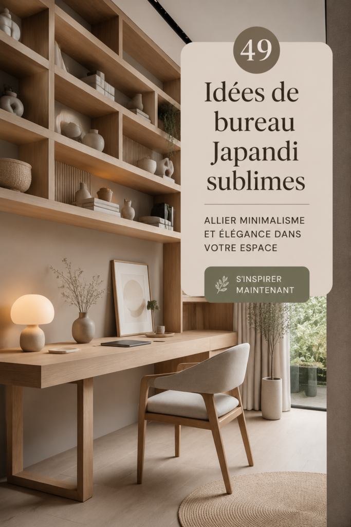 Un bureau soigneusement décoré dans un style Japandi, avec des éléments naturels et une palette de couleurs douces.