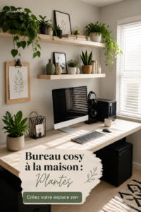 Un bureau à domicile inspiré par la nature avec des plantes et un éclairage chaleureux