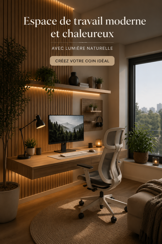 Bureau moderne avec lumière naturelle et décor chaleureux