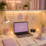 Bureau décoré en pastel avec des éléments de rangement chic.