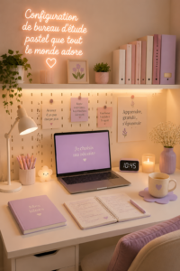 Bureau décoré en pastel avec des éléments de rangement chic.
