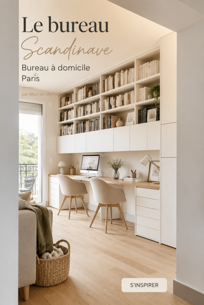 Un bureau scandinave élégant et lumineux, avec des éléments en bois clair et des touches de décor pastel.