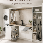 Femme aménageant sa buanderie avec des équipements pratiques et modernes.