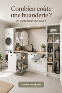 Femme aménageant sa buanderie avec des équipements pratiques et modernes.