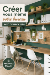 Un bureau moderne DIY créé avec des meubles Ikea, bien organisé et esthétique.