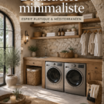 Buanderie décorée dans un style rustique et méditerranéen avec des rangements tissés