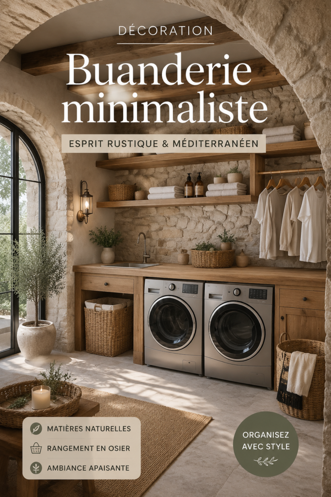 Buanderie décorée dans un style rustique et méditerranéen avec des rangements tissés