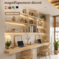 Un bureau à domicile aménagé avec goût, mélangeant espace de travail et décoration chaleureuse.