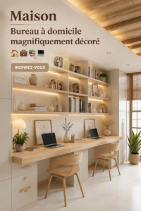 Un bureau à domicile aménagé avec goût, mélangeant espace de travail et décoration chaleureuse.