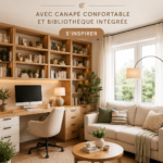 Bureau moderne avec un canapé confortable et des étagères intégrées, créant un espace de travail chaleureux.