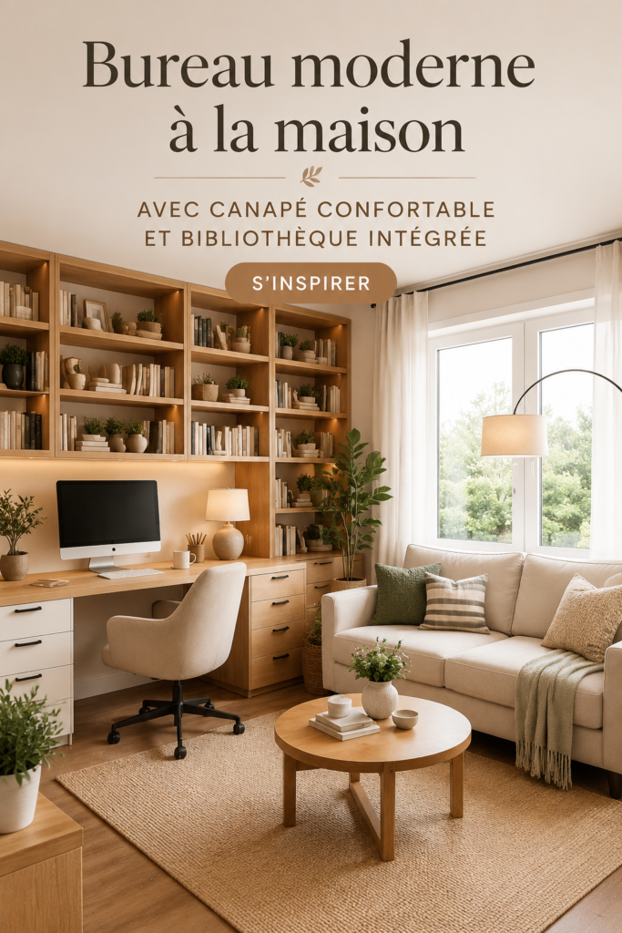 Bureau moderne avec un canapé confortable et des étagères intégrées, créant un espace de travail chaleureux.