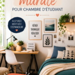 Décoration murale d'une chambre d'étudiant avec posters colorés et éléments DIY