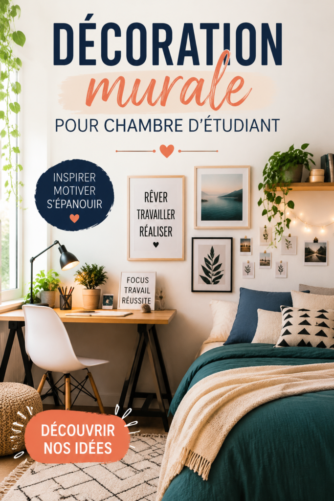 Décoration murale d'une chambre d'étudiant avec posters colorés et éléments DIY