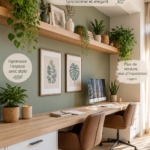 Un bureau décoré avec des plantes et des accessoires élégants pour un espace de travail chaleureux.