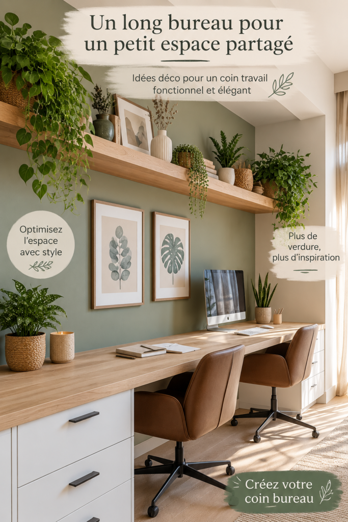 Un bureau décoré avec des plantes et des accessoires élégants pour un espace de travail chaleureux.