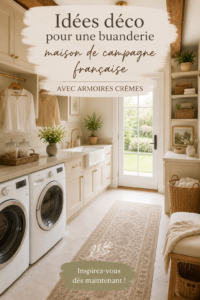 Buanderie lumineuse avec des armoires crème et des accessoires décoratifs à la française.