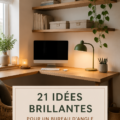 Un bureau d'angle moderne avec un aménagement cosy et pratique, idéal pour le télétravail.