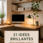 Un bureau d'angle moderne avec un aménagement cosy et pratique, idéal pour le télétravail.