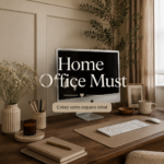 Un bureau à domicile bien aménagé avec des meubles modernes et des accessoires pratiques.
