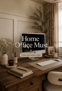 Un bureau à domicile bien aménagé avec des meubles modernes et des accessoires pratiques.