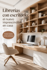 Une librairie moderne avec un bureau intégré dans un salon élégant, parfait pour lire et travailler.