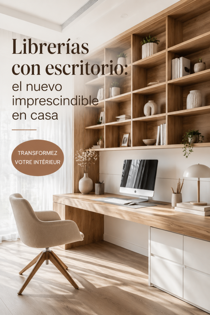 Une librairie moderne avec un bureau intégré dans un salon élégant, parfait pour lire et travailler.