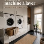 Placard bien aménagé autour d'une machine à laver avec étagères organisées.
