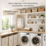 Buanderie organisée avec des paniers et des étagères bien disposées