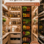 Un garde-manger bien rangé avec des bocaux et des étagères décoratives.