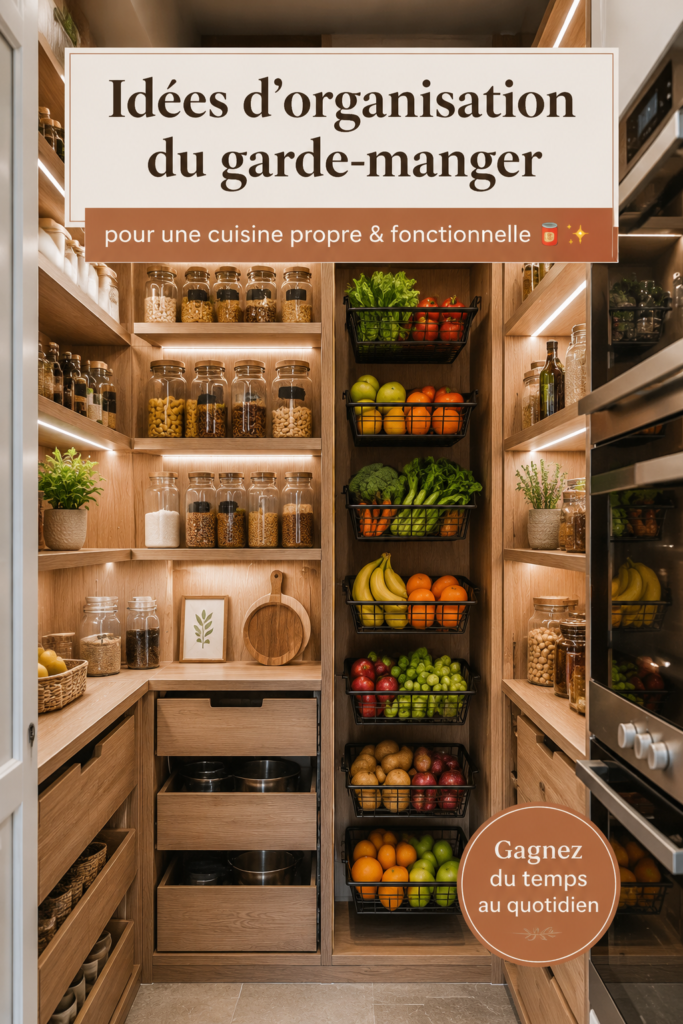 Un garde-manger bien rangé avec des bocaux et des étagères décoratives.