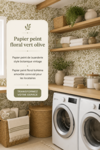 Papier peint floral vert olive dans une buanderie moderne