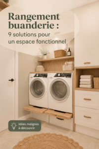 Rangement optimisé dans une buanderie fonctionnelle avec étagères et paniers.