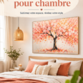 Tableau coloré accroché au mur d'une chambre moderne, créant une ambiance chaleureuse.