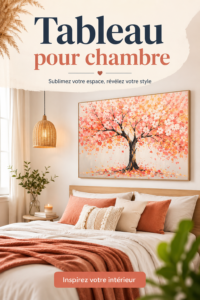 Tableau coloré accroché au mur d'une chambre moderne, créant une ambiance chaleureuse.