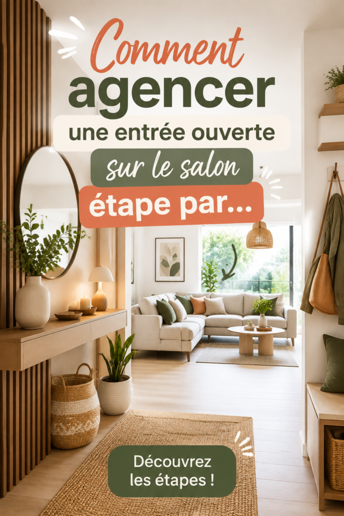 Hall d'entrée ouvert sur un salon, décor chaleureux et harmonieux.