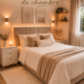 Chambre décorée avec un lit central et des couleurs apaisantes.