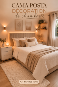 Chambre décorée avec un lit central et des couleurs apaisantes.