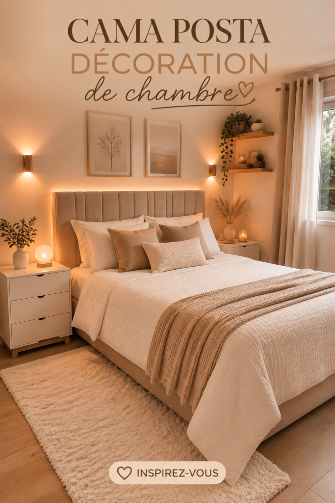 Chambre décorée avec un lit central et des couleurs apaisantes.